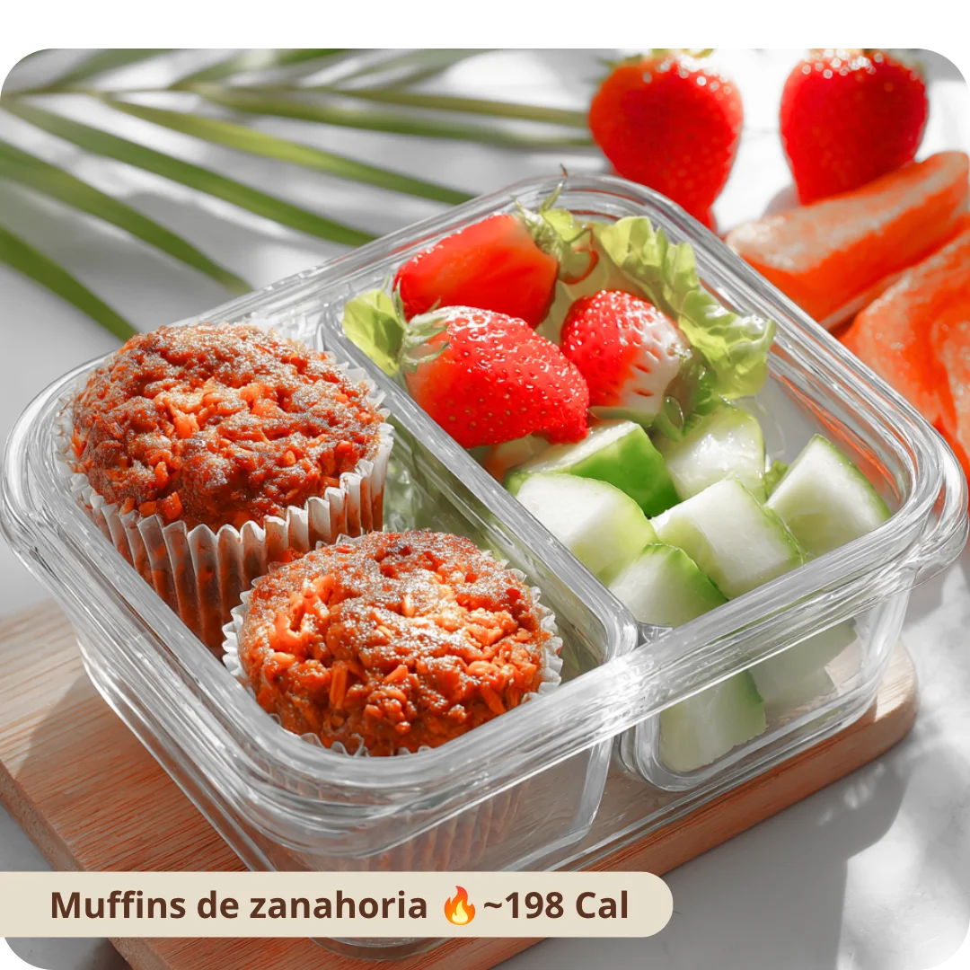 Muffins de zanahoria acompañados de fresas y pepino