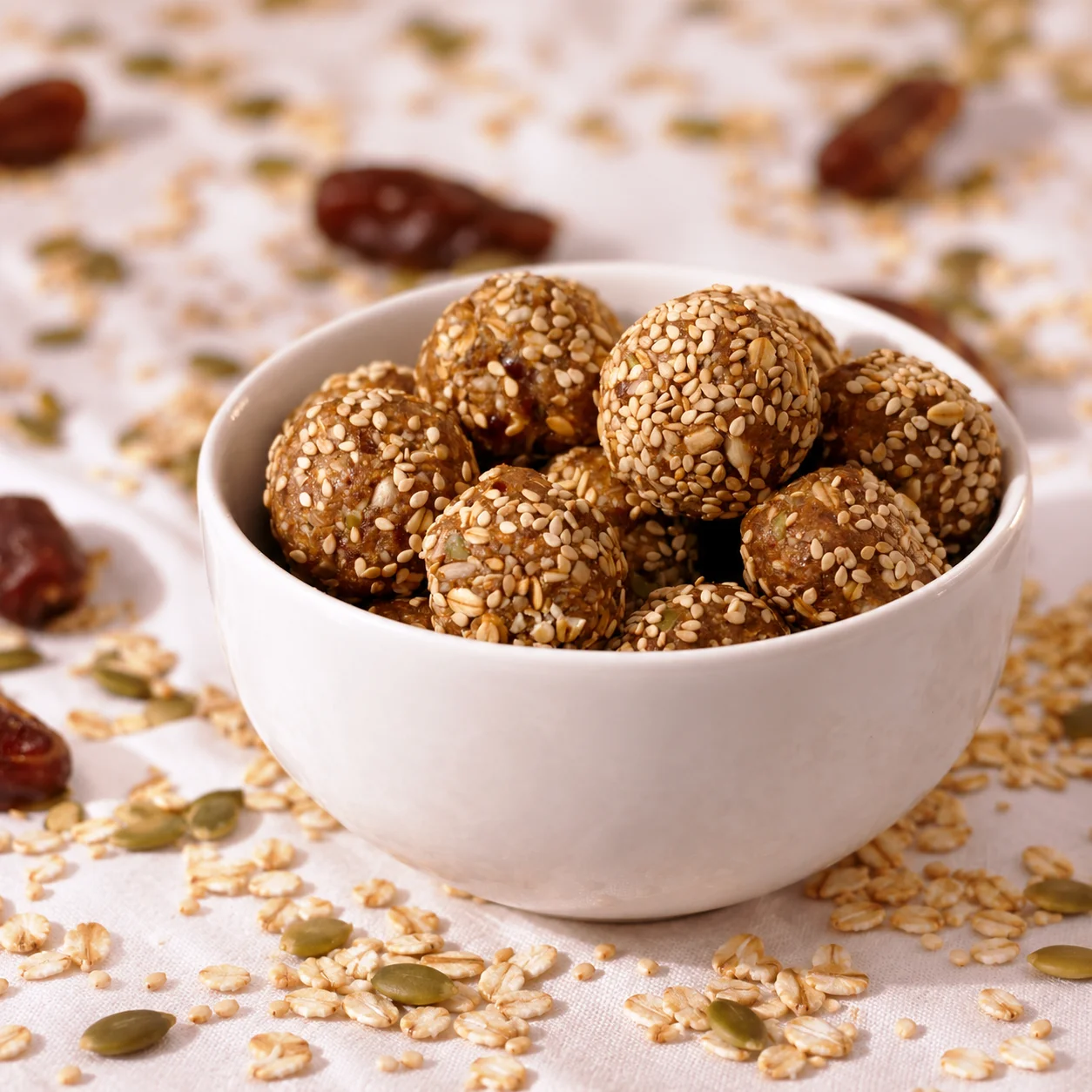 Bolas de energía con avena, dátiles y semillas para la lonchera