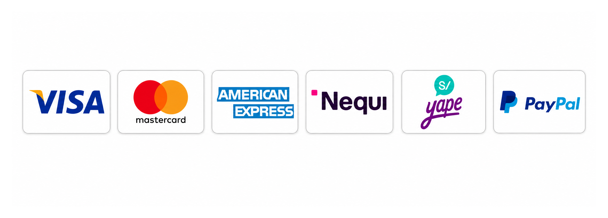 Medios de pago disponibles: Visa, Mastercard, American Express, Nequi, Yape y PayPal