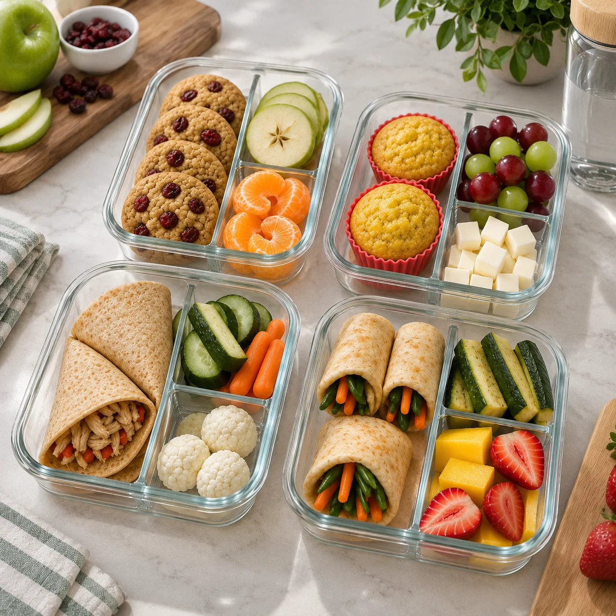 Loncheras variadas con wraps, vegetales y frutas frescas